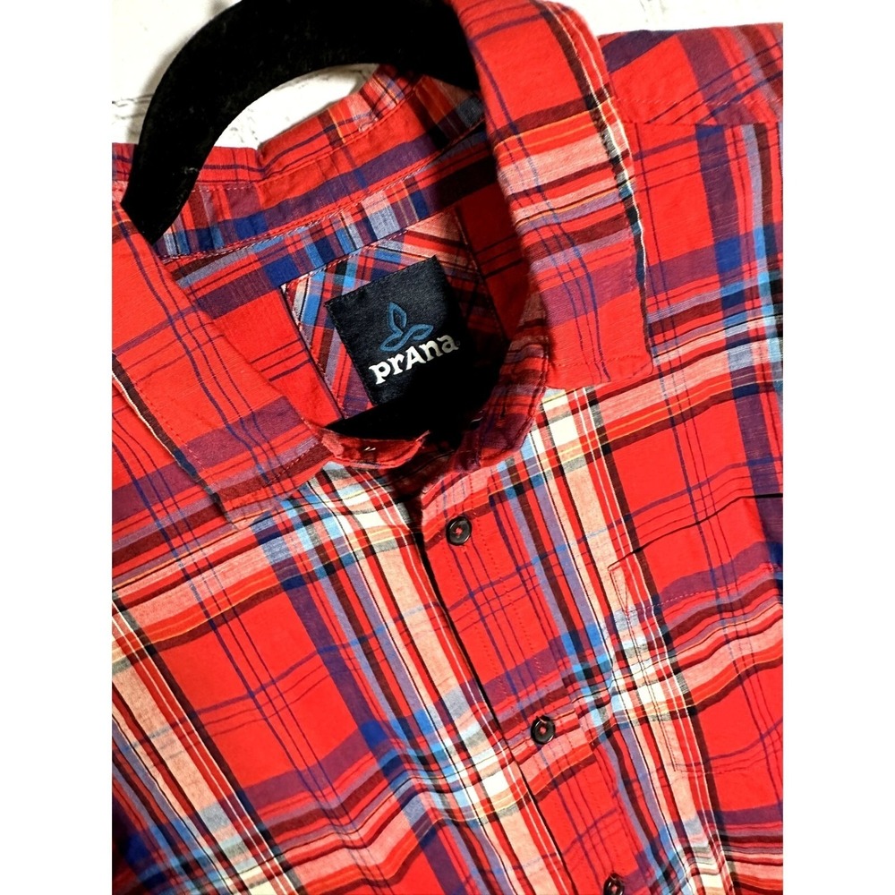 Prana Mens Red Plaid Short Sleeve Button Up Organic Cotton Blend Shirt Size M